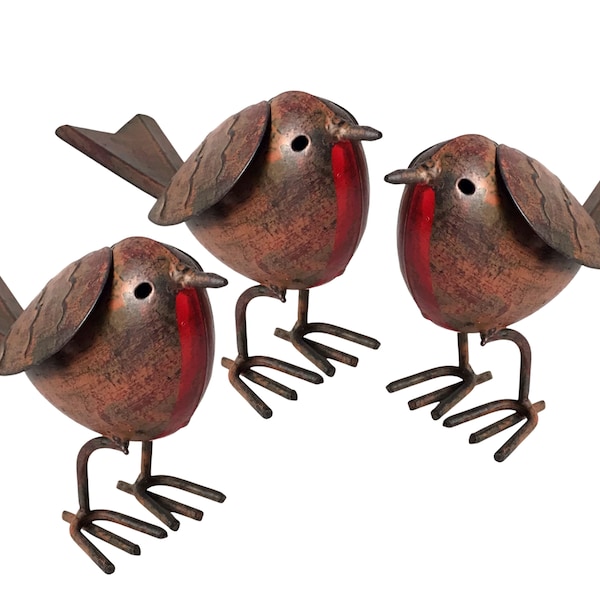 SET OF 3 metal tin ROBIN garden ornaments hand painted indoor or outdoor decorations, great bird lover gift