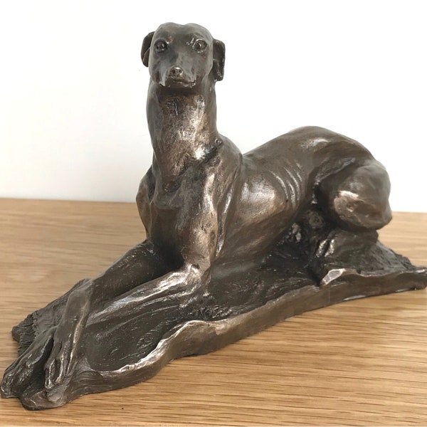 Bronze laying Greyhound figurine by Harriet Glen, fabulous design and great quality item, gift boxed