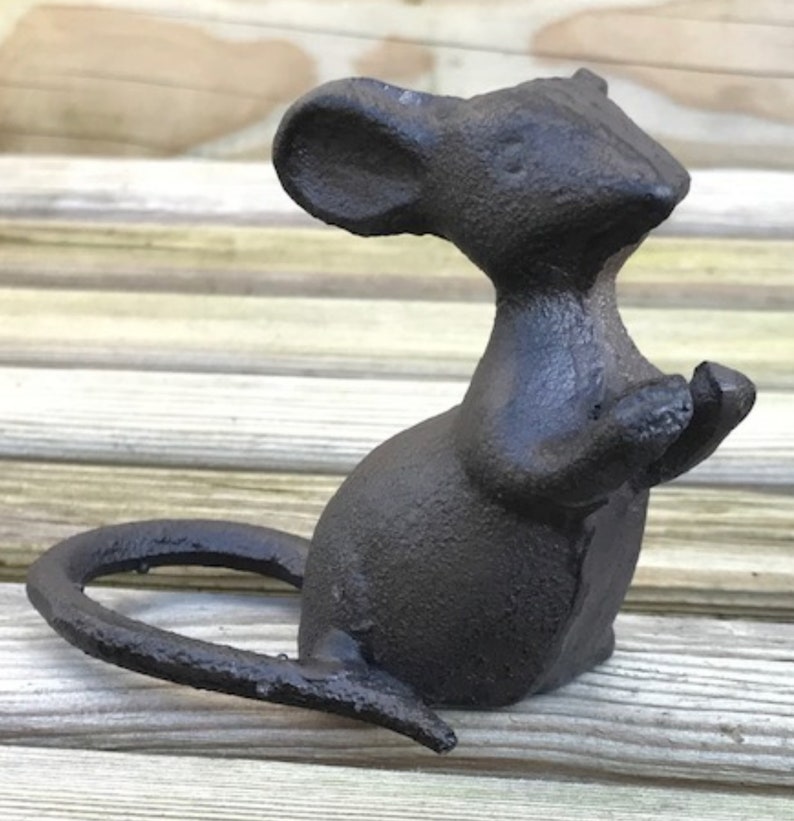 Set of 2 heavy solid cast iron mice indoor or garden ornament decorations, one 'Talking' one 'Listening' great novelty mouse lover gift image 3