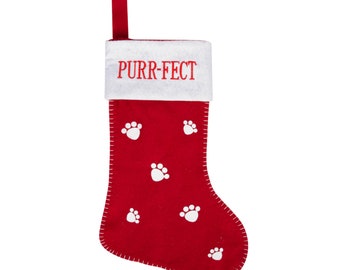 Cat Christmas Stocking 'Purr-fect' & paw design festive felt decoration novelty Cat lover gift