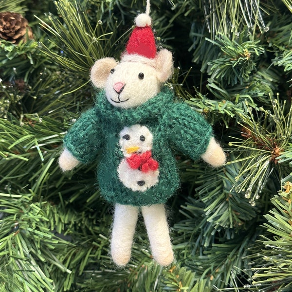 Pull souris en feutre en tricot avec bonhomme de neige brodé, décoration d'arbre de Noël suspendue, fabuleux cadeau pour les amateurs de souris, 100 % sans plastique