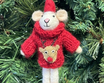 Felt Mouse hand knit jumper with hand embroidered Rudolf motif hanging Christmas tree decoration, fabulous mouse lover gift