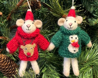 2 Felt Mice hand knit jumper Christmas tree decorations, appliqued Rudolf and Snowman motifs, a great mouse lover festive gift