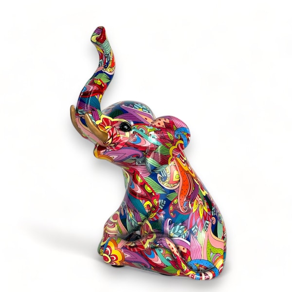 Groovy Art Elephant Figurine, Bright Coloured Safari Animal Lover Gift, On Trend Home Decoration. Height 26cm (10 1/4").