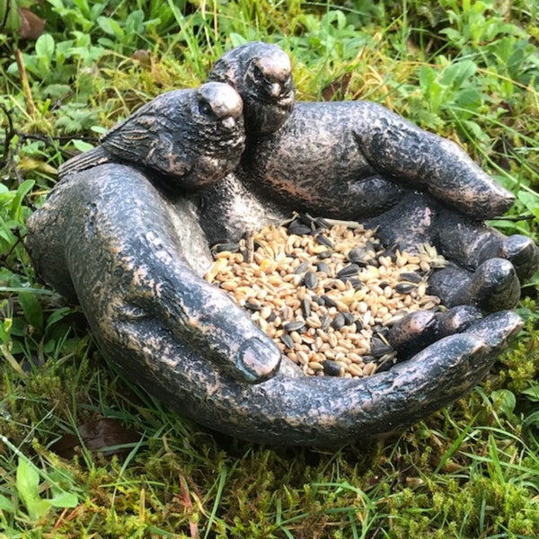 Cupped Hands aged bronze effect Bird Bath or feeder, great bird lover gift