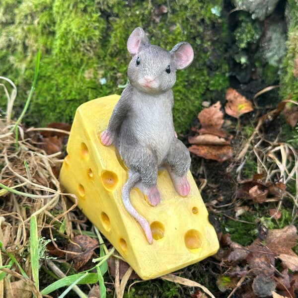 Mouse on cheese wedge fairy garden or fairy wood decoration, great mice lover gift