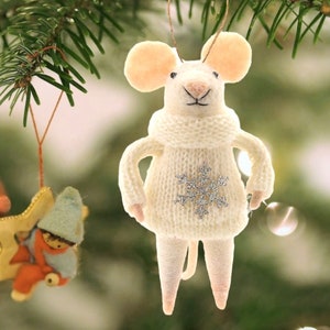 Felt mouse wearing Silver Snowflake Jumper festive tree hanging decoration great novelty mouse lover gift