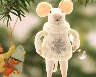 Felt mouse wearing Silver Snowflake Jumper festive tree hanging decoration great novelty mouse lover gift