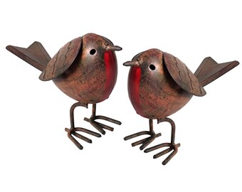 SET OF 2 metal tin ROBIN garden ornaments hand painted indoor or outdoor decorations, great bird lover gift