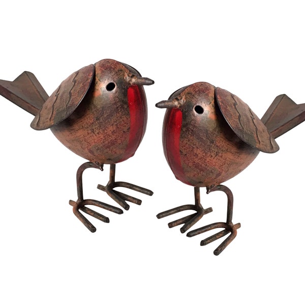 SET OF 2 metal tin ROBIN garden ornaments hand painted indoor or outdoor decorations, great bird lover gift