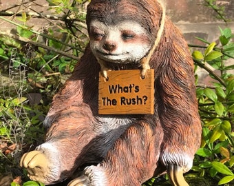 Sloth with 'What's The Rush?' removable sign novelty garden ornament or home decoration, great quirky Sloth lover gift
