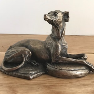 Bronze laying WHIPPET figurine by Harriet Glen, fabulous design and great quality item, gift boxed