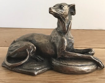 Bronze laying WHIPPET figurine by Harriet Glen, fabulous design and great quality item, gift boxed