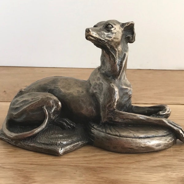 Bronze laying WHIPPET figurine by Harriet Glen, fabulous design and great quality item, gift boxed