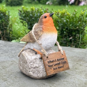 Robin ornament with 'When I appear Loved ones are near' sign grave decoration or remembrance garden memorial