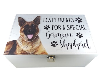 German Shepherd treat box wood with metal hinges, great food storage box container or Alsatian dog lover gift