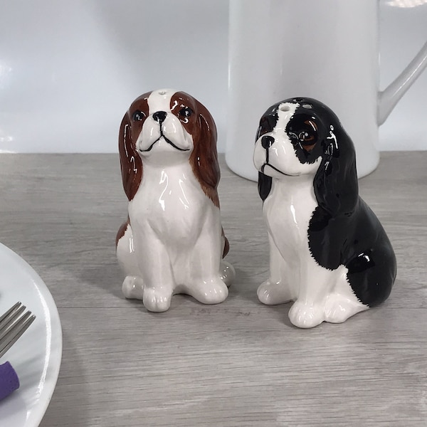 Spaniel Salt & Pepper shaker set quality ceramic Tricolour and Blenheim Cavalier King Charles Spaniel novelty Dog lover gift, boxed