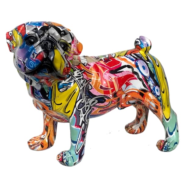 Graffiti Art Pug-beeldje, felle kleuren en glanzende afwerking, zware kwaliteit Pug Dog-liefhebber cadeau woondecoratie
