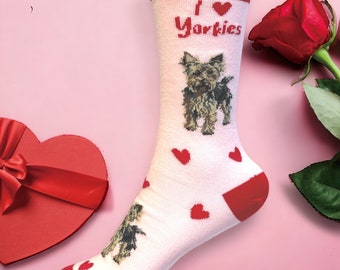 Yorkshire Terrier 'Love Dogs' socks pink with hearts design, one size, quality cotton mix, great novelty dog lover gift