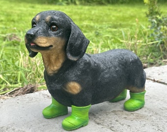 Dachshund in green wellies boots indoor or garden ornament, great Sausage Dog lover gift