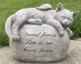 Large Cat with angel wings laying on a stone granite effect memorial, grave marker or pet loss gift