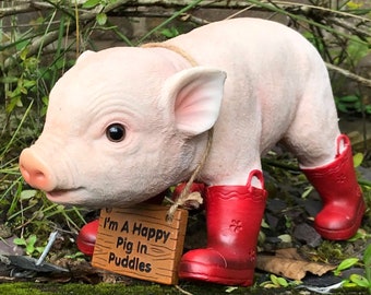 Pig in Red Wellies with removable 'Happy Pig in Puddles' sign novelty home decor or garden ornament, great Pig lover gift