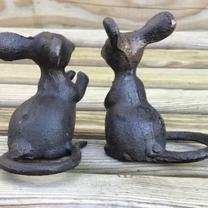 Set of 2 heavy solid cast iron mice indoor or garden ornament decorations, one 'Talking' one 'Listening' great novelty mouse lover gift image 2