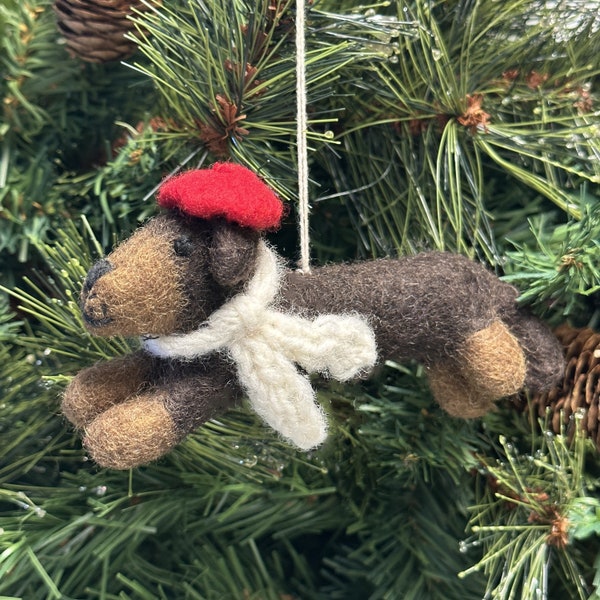 Felt Dachshund in scarf and beret figurine hanging Christmas tree festive decoration, great Sausage Dog lover gift. 14cm long