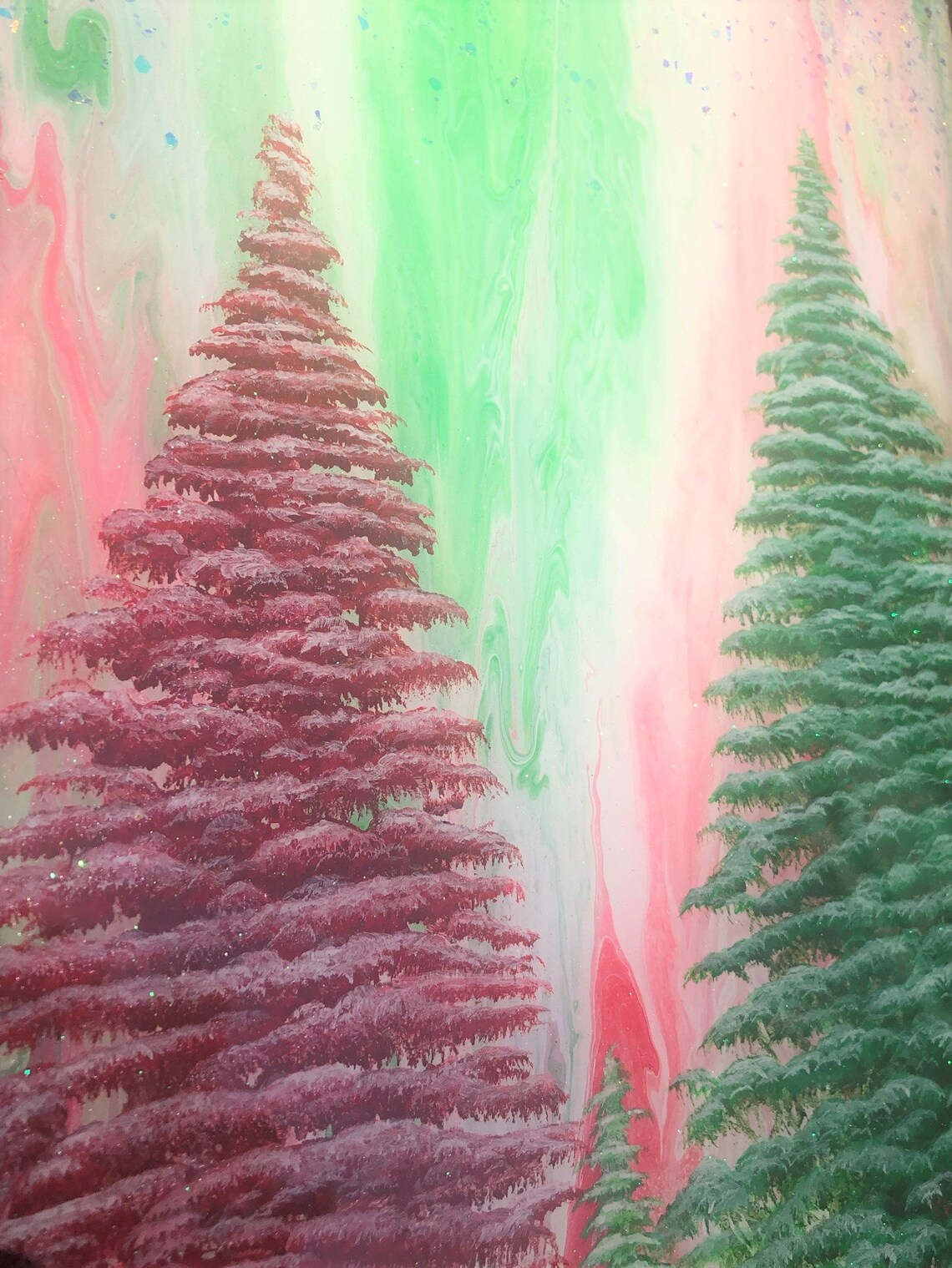 Red and Green Evergreen Canvas Wall Art / Christmas Trees Etsy