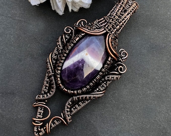Colgante de alambre de cobre y amatista / Collar para hombre y mujer / Joyería de cobre envuelto en alambre / Colgante oxidado