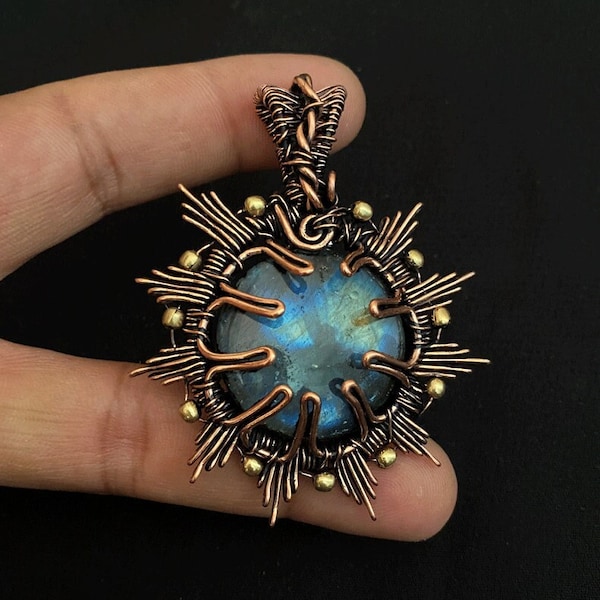 Blue Flash Labradorite Pendant Necklace, Copper Wire Wrapped Jewelry