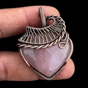 Handmade Rose Quartz Heart Pendant: Copper Wire Wrapped Necklace