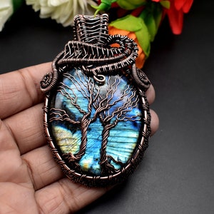 Handmade Jewelry Labradorite gemstone copper wire wrapped Tree of Life pendant Necklace,wrap crystal pendant necklace Rendome Color /sm