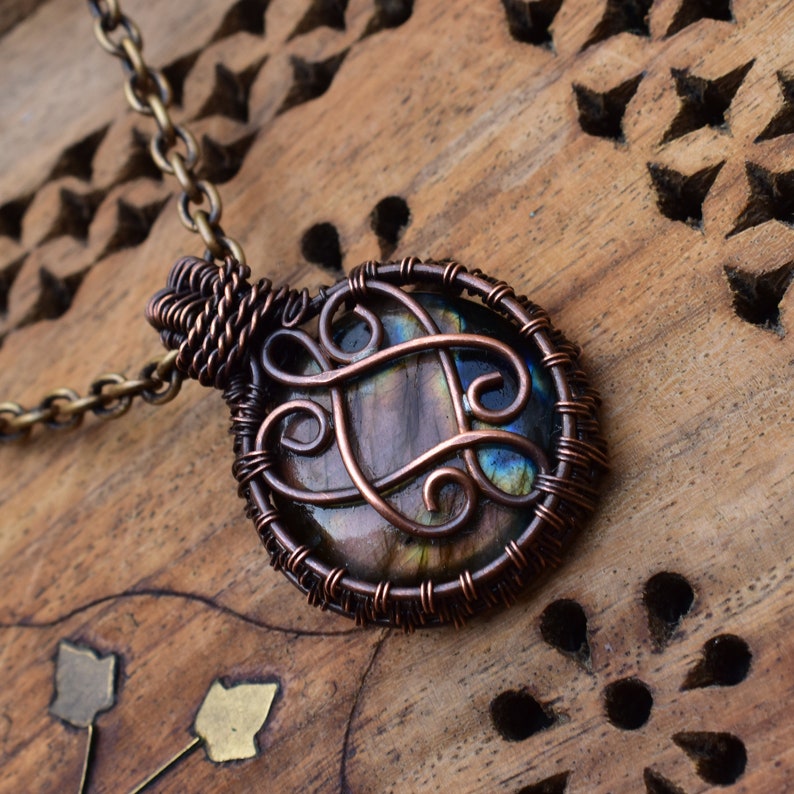 Wire Wrapped Pendant Labradorite Necklace Celtic Protection Pendant Copper wire wrapped Jewelry Gift For Her Healing Rendome Color /sm image 5