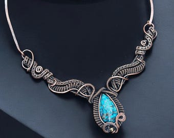 Azurite Copper Wire Wrapped Necklace: Handmade Boho Choker