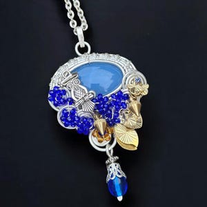 Athena Owl Seashell Pendant: Sky Blue Gemstone, Blue Crystal Necklace