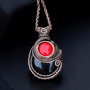 Red Jasper Copper Wire Wrapped Pendant - Handmade Pear Shape