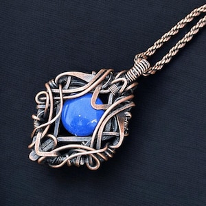 Real Lapis lazuli anniversary gift copper pendant/handmade necklace gift for wife/handmade jewelry gift/copper wire jewelry gift for her