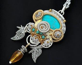 ターコイズドリームキャッチャーネックレス：ボヘミアンアンバー