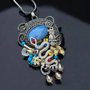 Celestial Sky Owl Pendant  | Blue Agate Totem Necklace | Artisan Boho Jewelry