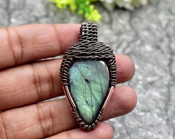 amazing !  Labradorite Wire Wrapped Pendant Copper Wire Wrapped Pendant Labradorite Gemstone Jewelry Gift For Gift For Mom Rendome color/sm