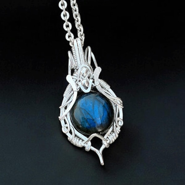 Labradorite Pendant Necklace: Silver Wire Wrapped Bohemian Crystal