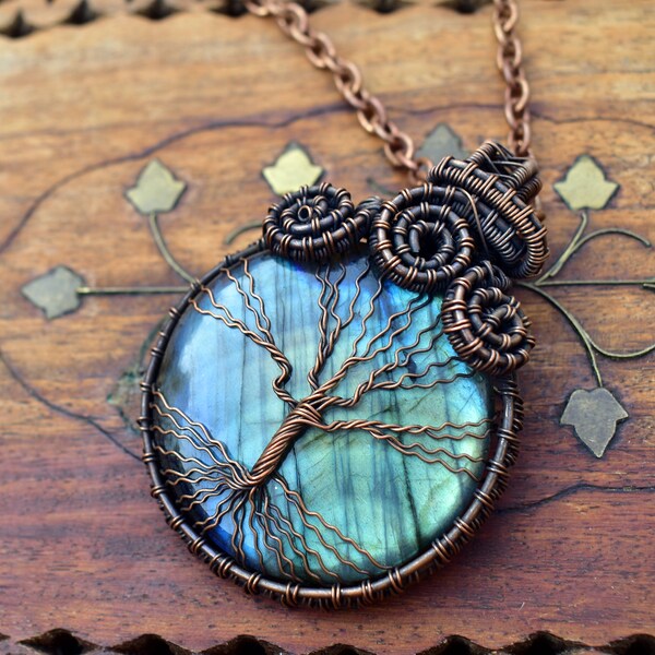 Pendentif arbre de vie Labradorite très beau collier bijoux emballé par fil de cuivre Cadeau pour son anniversaire Labradorite Rendome couleur/sm