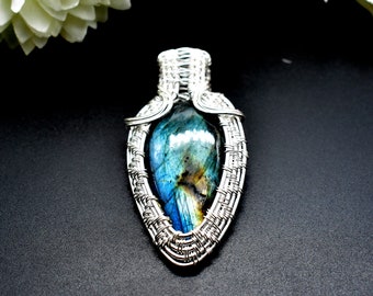 Wire wrapped pendant, Blue Labradorite necklace, Wire wrapped jewelry Boho handmade pendant, Blue gemstone Silver Gs/ necklace  jewelry/sm
