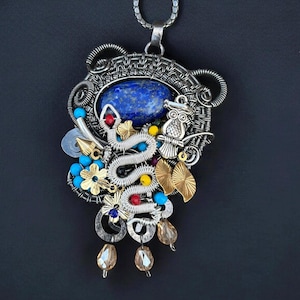 Lapis Lazuli Owl Pendant: Handmade Boho Necklace with Wire Art