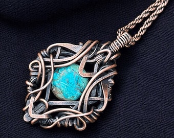 Azurite Copper Wire Wrapped Pendant: Gemstone Necklace