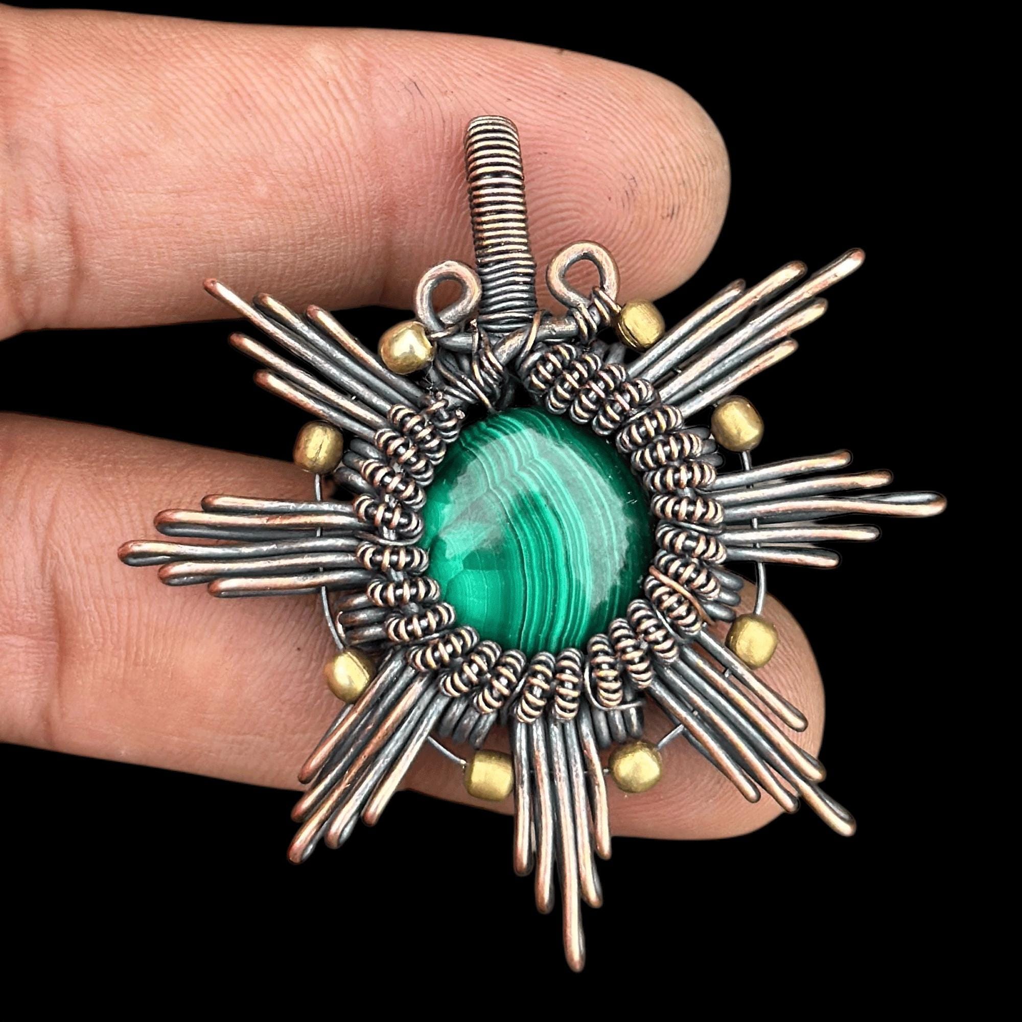 Buy Wire Wrapped Malachite Pendant Necklace: Copper Boho Jewelry