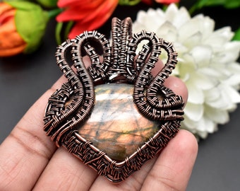 Copper wire wrapped necklace, Labradorite pendant, Wire wrapped jewelry, Labradorite handcrafted necklace