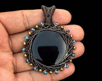 Black Onyx Copper Wire Wrapped Pendant Gemstone Pendant Beautiful Unique Fashion jewelry Bohemian Jewelry making supply gift Sale