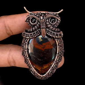 Owl Eye Copper Wire Wrapped Pendant Gemstone Pendant Beautiful Unique Fashion jewelry Bohemian Anniversary Gift, iron tiger